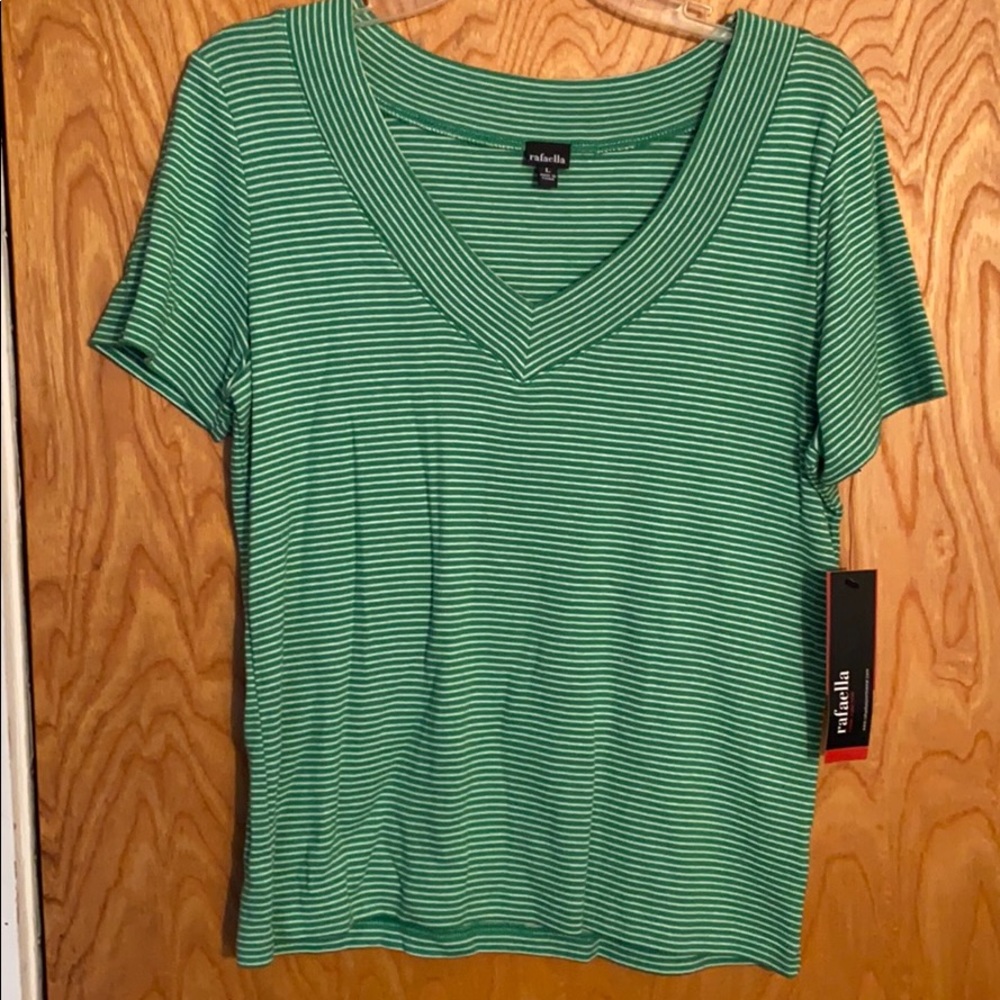 Rafaella shirt. Green and white stripe V-neck